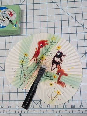 Chinese Paper Folding Hand Fan W/Metal Handle, VTG Mid-Century, #55